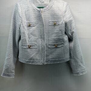 Crown & Ivy Women's S Tweed Zip Blazer Light blue and white with gold accent